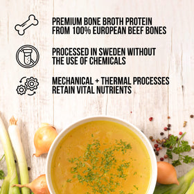 NAKED bone broth powder package emphasizes a simple two ingredient formula.