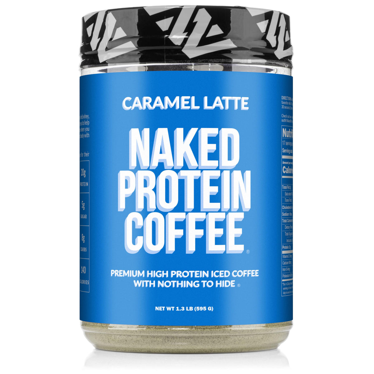 NAKED Caramel Latte Protein Coffee bottle on countertop, ready to fuel your morning workout.