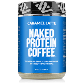 NAKED Caramel Latte Protein Coffee bottle on countertop, ready to fuel your morning workout.