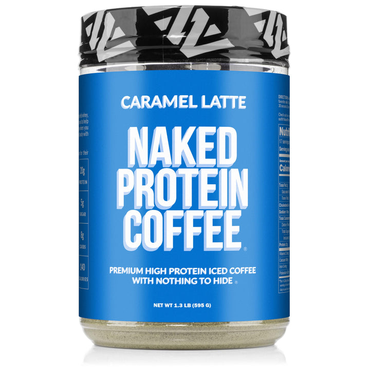 NAKED Caramel Latte Protein Coffee bottle on countertop, ready to fuel your morning workout.