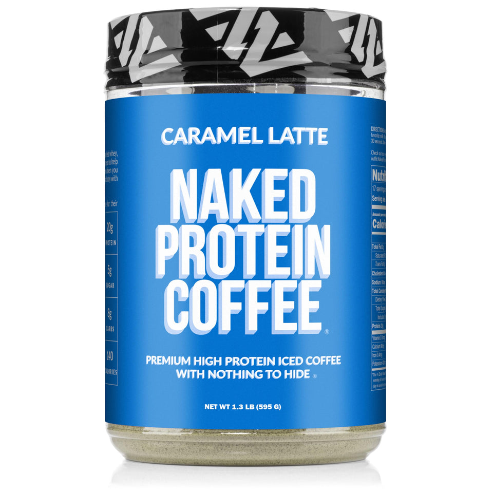 NAKED Caramel Latte Protein Coffee bottle on countertop, ready to fuel your morning workout.