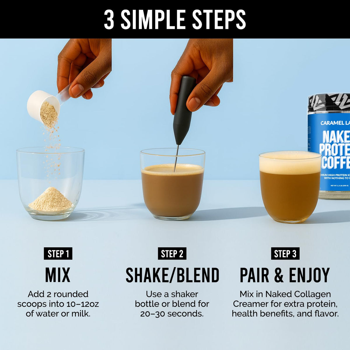 NAKED Caramel Latte Protein Coffee ingredients list, clean label with no artificial additives.