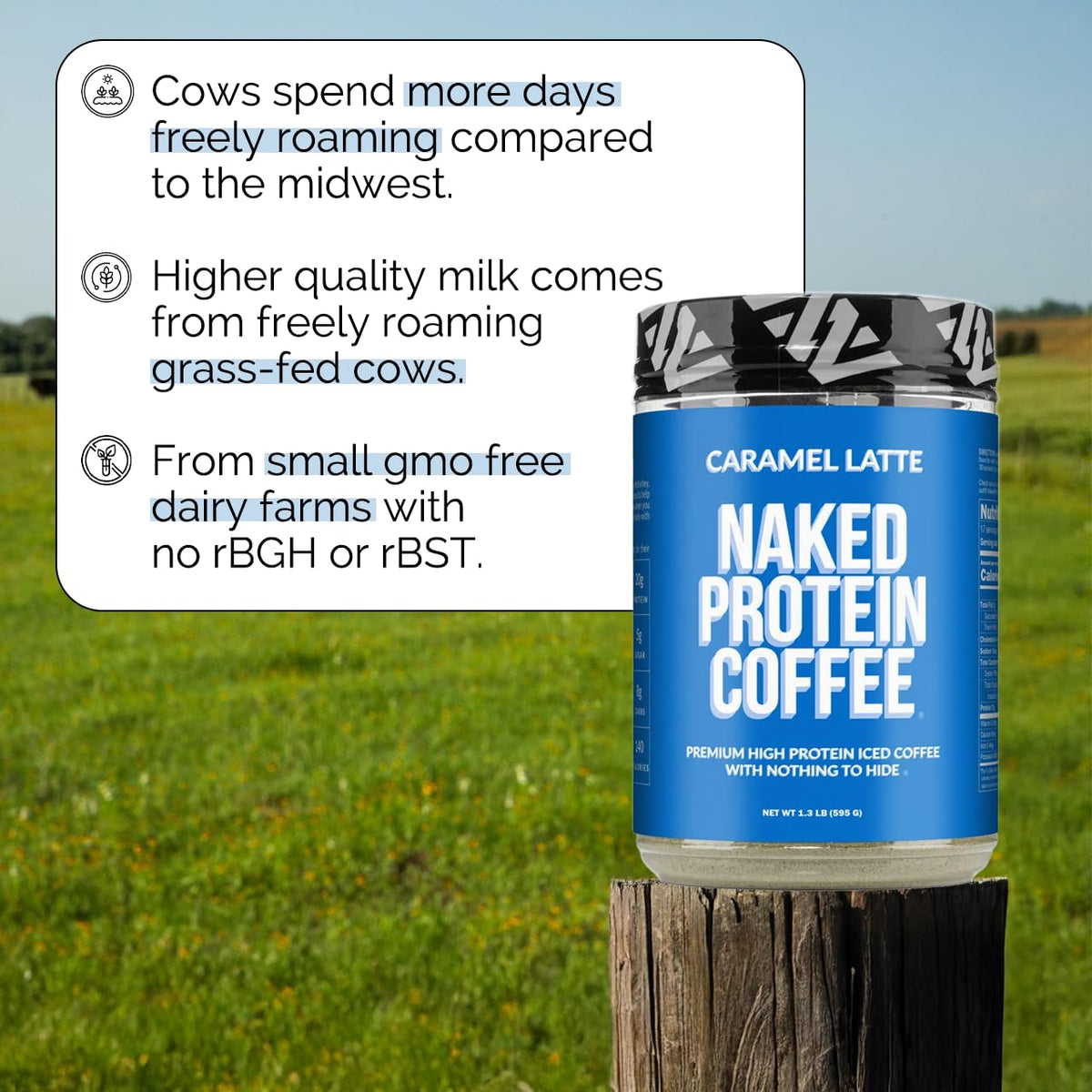NAKED Caramel Latte Protein Coffee on kitchen counter, morning ritual with keto-friendly energy.