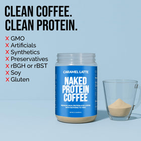 NAKED Caramel Latte Protein Coffee pouring into glass, smooth flavor meets quick energy.
