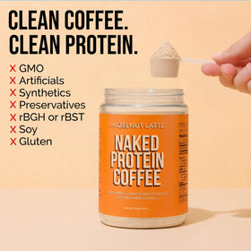 NAKED Hazelnut Latte Protein Coffee pouch—premium Colombian coffee in clean formula.