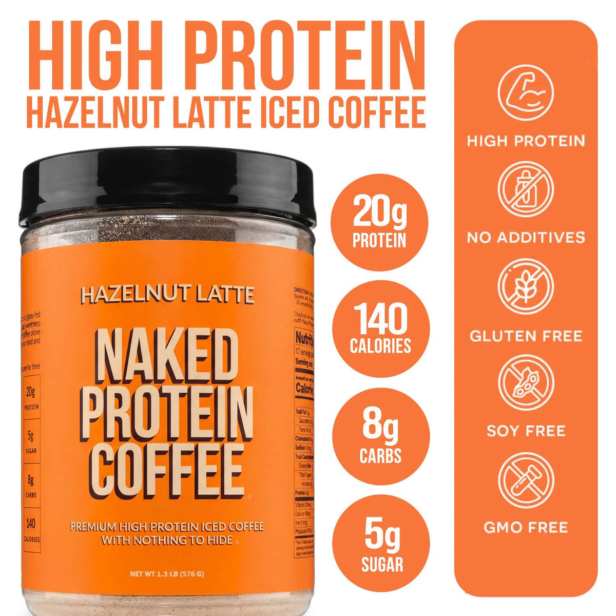 NAKED Hazelnut Latte Protein Coffee scoop—20g grass-fed whey per serving.