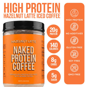 NAKED Hazelnut Latte Protein Coffee scoop—20g grass-fed whey per serving.