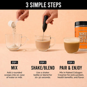 NAKED Hazelnut Latte Protein Coffee on table—gluten-free, satisfying between-meal snack.