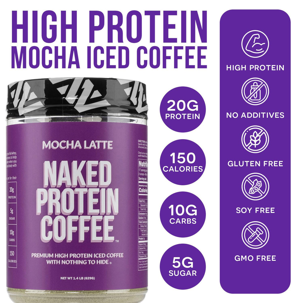 NAKED Mocha Latte Protein Coffee cup with foam for bold flavor and focus.