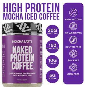 NAKED Mocha Latte Protein Coffee cup with foam for bold flavor and focus.