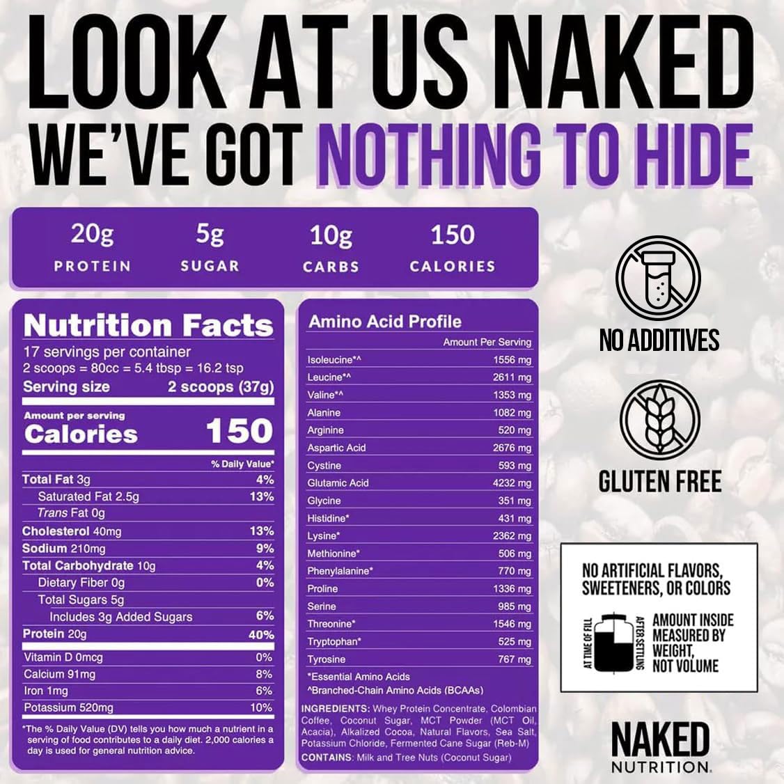 NAKED Mocha Latte Protein Coffee ingredients panel highlights clean gluten-free ingredients.
