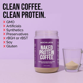 NAKED Mocha Latte Protein Coffee pour in glass showing creamy mocha flavor and energy.