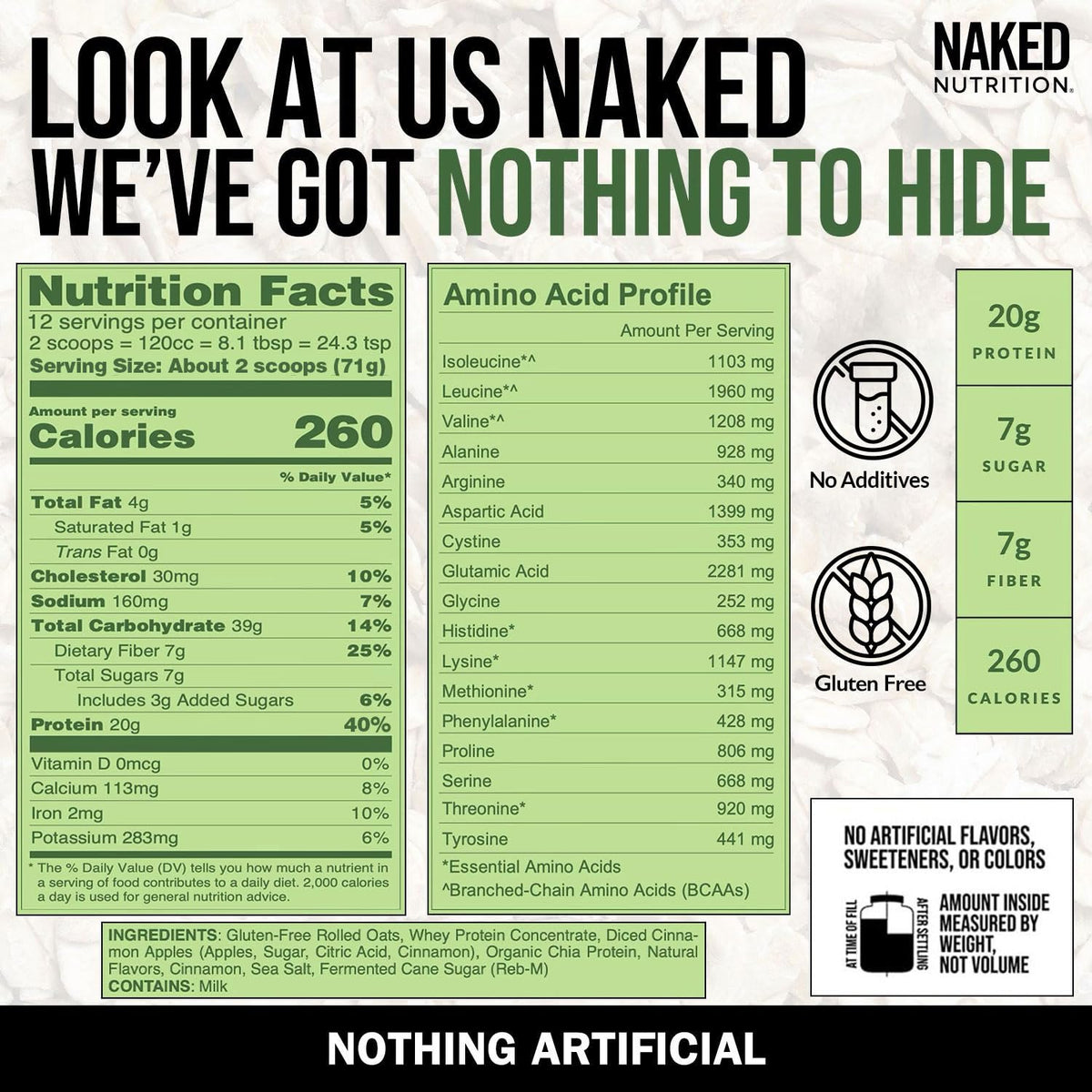 NAKED Oats Apple Cinnamon includes organic chia protein for texture.