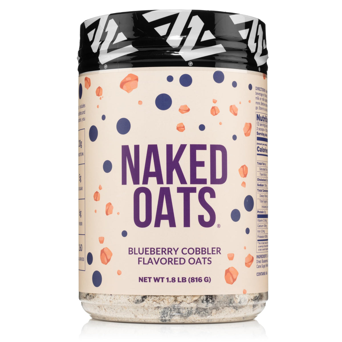 Naked Oats Blueberry Cobbler overnight oats tub with gluten-free oats and protein boost.