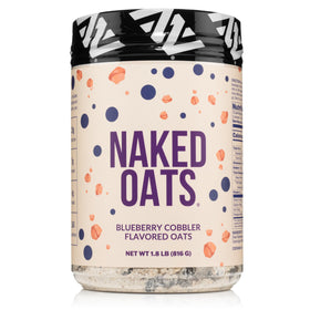 Naked Oats Blueberry Cobbler overnight oats tub with gluten-free oats and protein boost.