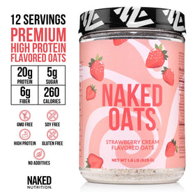 Close-up of Naked Oats ingredients with gluten-free oats and grass-fed whey