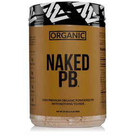 Naked Organic Powdered Peanut Butter jar closeup—pure ingredients for easy vegan protein.