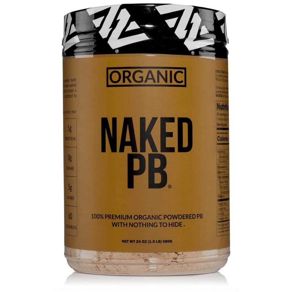 Naked Organic Powdered Peanut Butter jar closeup—pure ingredients for easy vegan protein.