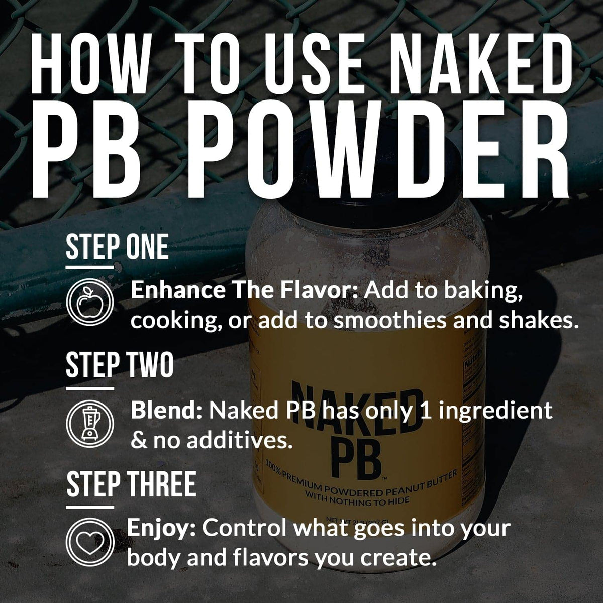 Naked Organic Powdered Peanut Butter label closeup, no additives or salt.