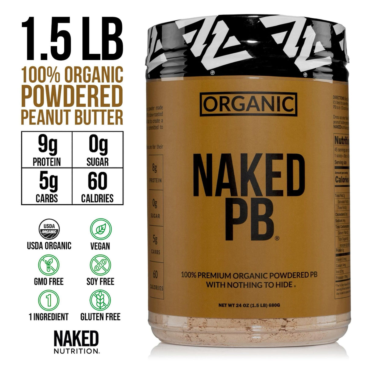 Naked Organic Powdered Peanut Butter in a measuring cup, convenient portion control.