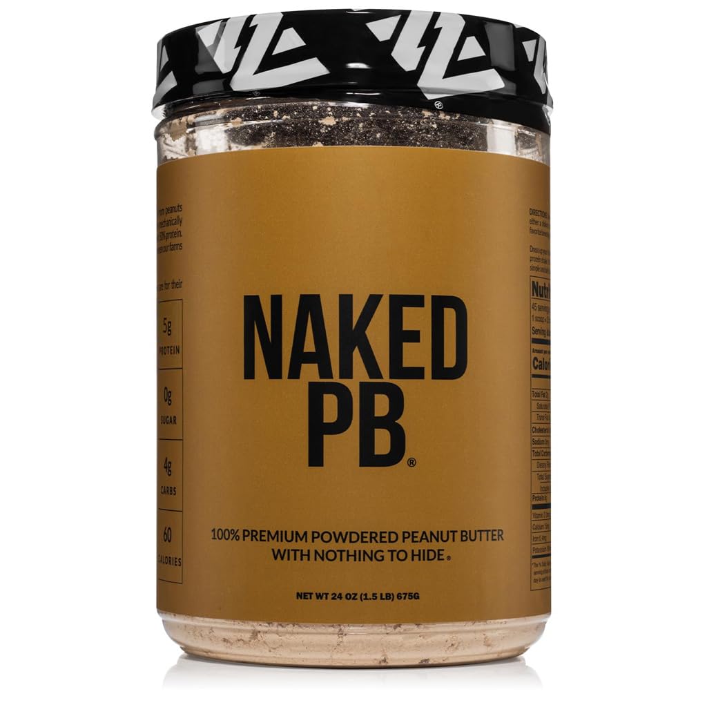 NAKED PB powdered peanut butter canister showing single-ingredient origin for vegan diets.