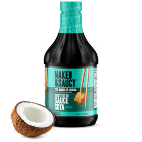 Naked & Saucy Coconut Aminos bottle on shelf, rich umami flavor with low sodium.