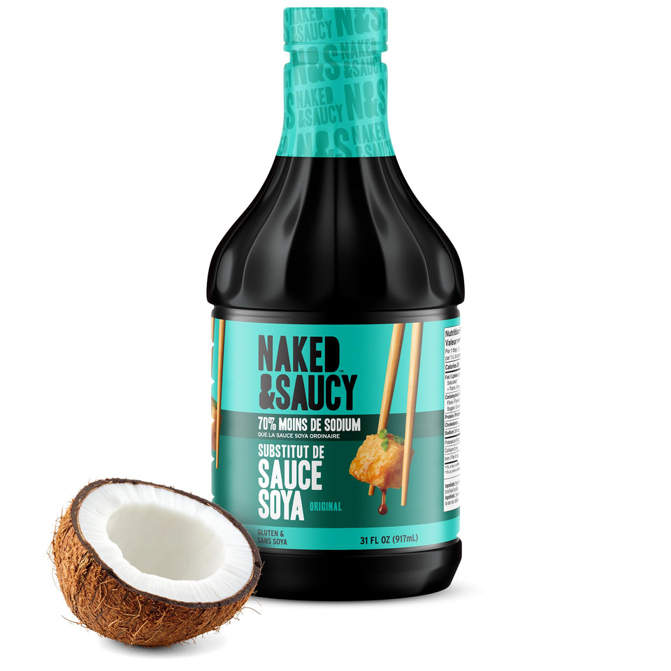 Naked & Saucy Coconut Aminos bottle on shelf, rich umami flavor with low sodium.