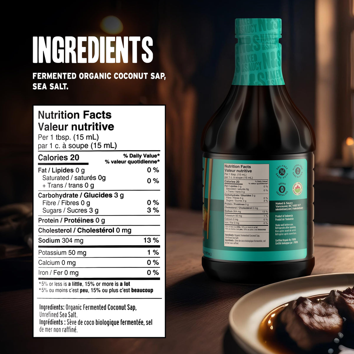 Dipping sauce served with sushi using Naked & Saucy aminos, highlighting a low-sodium option.