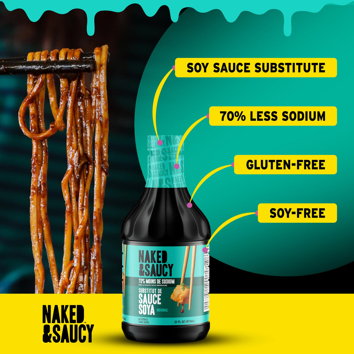 Naked & Saucy Coconut Aminos dish plated, showcasing versatile finishing sauce for meals.