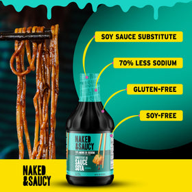 Naked & Saucy Coconut Aminos dish plated, showcasing versatile finishing sauce for meals.