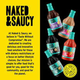 Naked & Saucy bottle shown with stir-fry to illustrate savory umami.