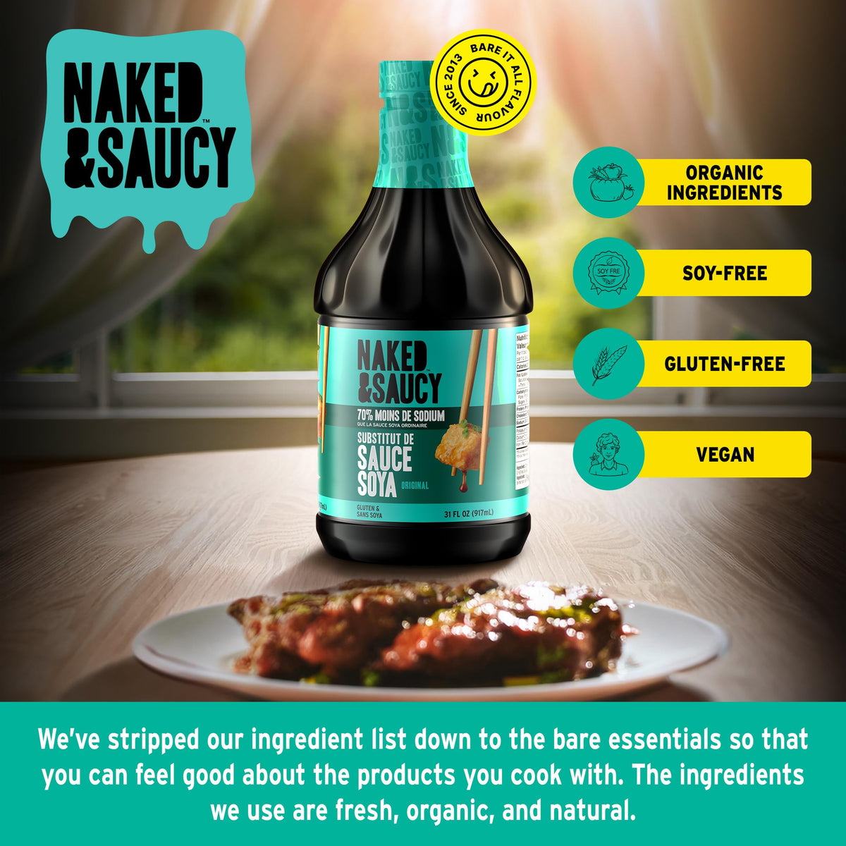 Close-up of Naked & Saucy Coconut Aminos ingredients, highlighting a two-ingredient formula.