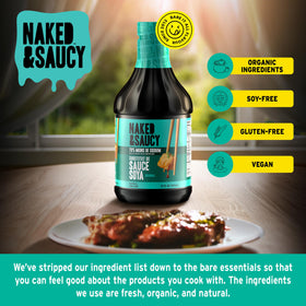 Close-up of Naked & Saucy Coconut Aminos ingredients, highlighting a two-ingredient formula.