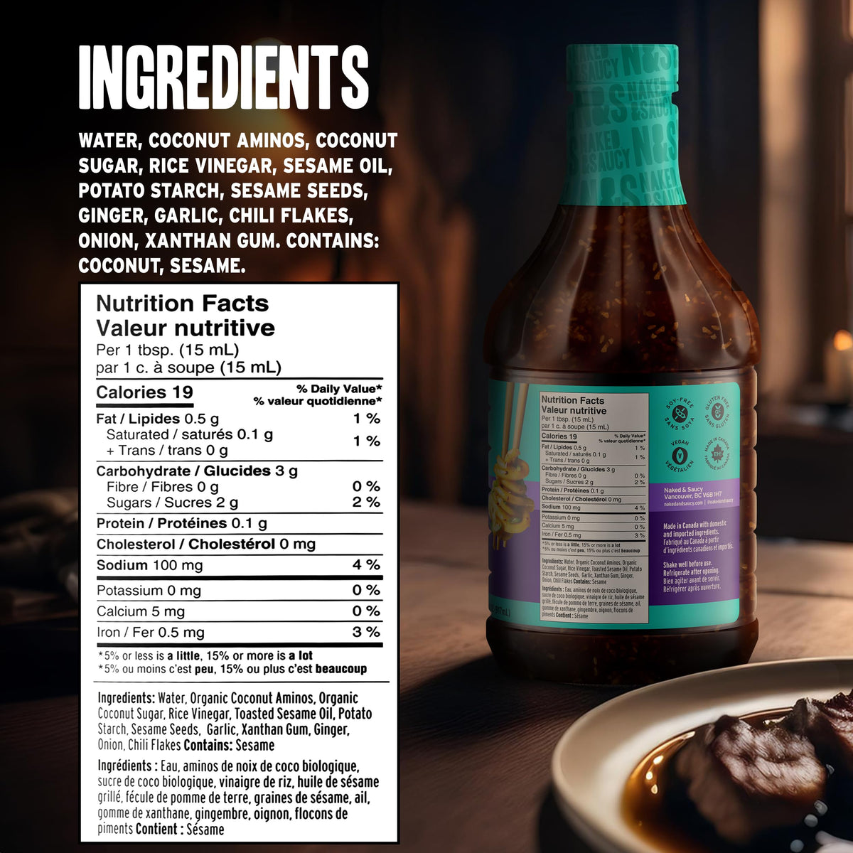 Naked & Saucy coconut aminos ingredients photo emphasizing gluten-free base.