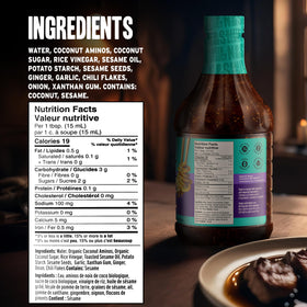 Naked & Saucy coconut aminos ingredients photo emphasizing gluten-free base.