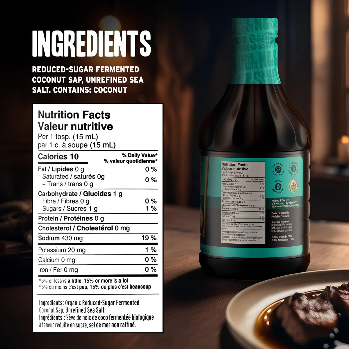 Naked & Saucy bottle beside recipe card for quick, flavorful meals.