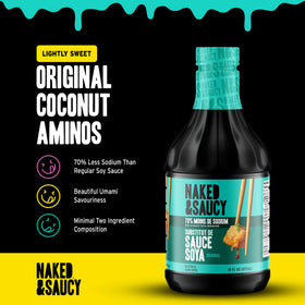 Naked & Saucy Coconut Aminos being poured demonstrates a gluten-free soy sauce substitute in action.