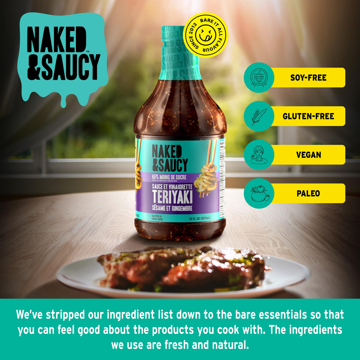 Naked & Saucy gluten-free vegan sauce close-up showing clean ingredients.