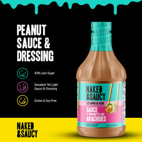 Naked & Saucy peanut sauce pour highlighting smooth texture for quick drizzles and cooking.