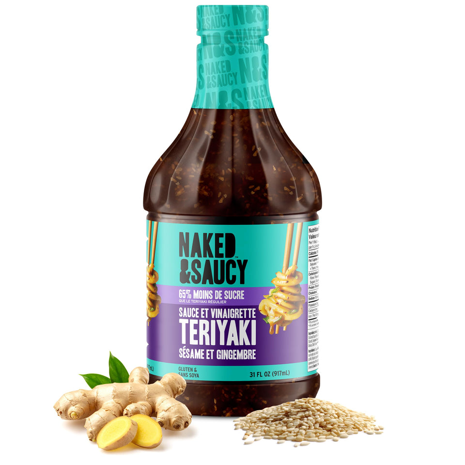 Naked & Saucy low sugar teriyaki bottle pouring glaze for quick, healthier meals.