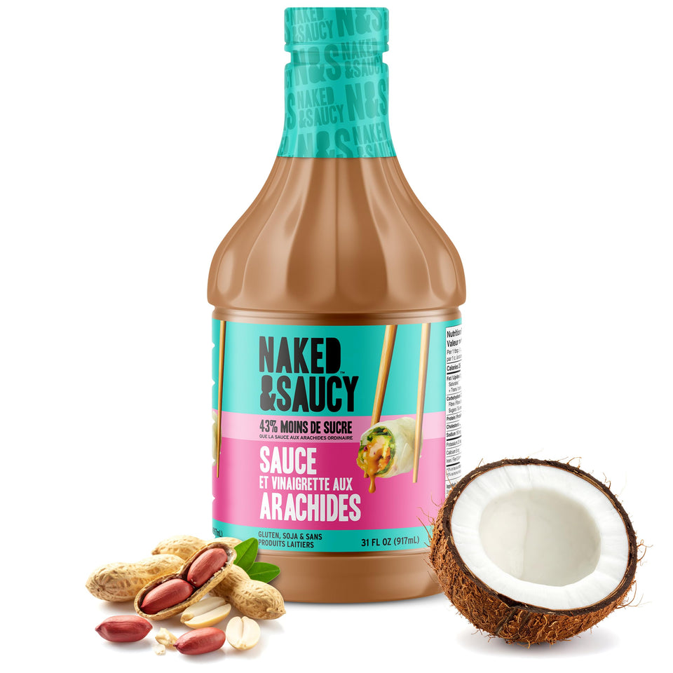 Naked & Saucy peanut sauce bottle showing rich color and creamy texture for dipping and marinating.