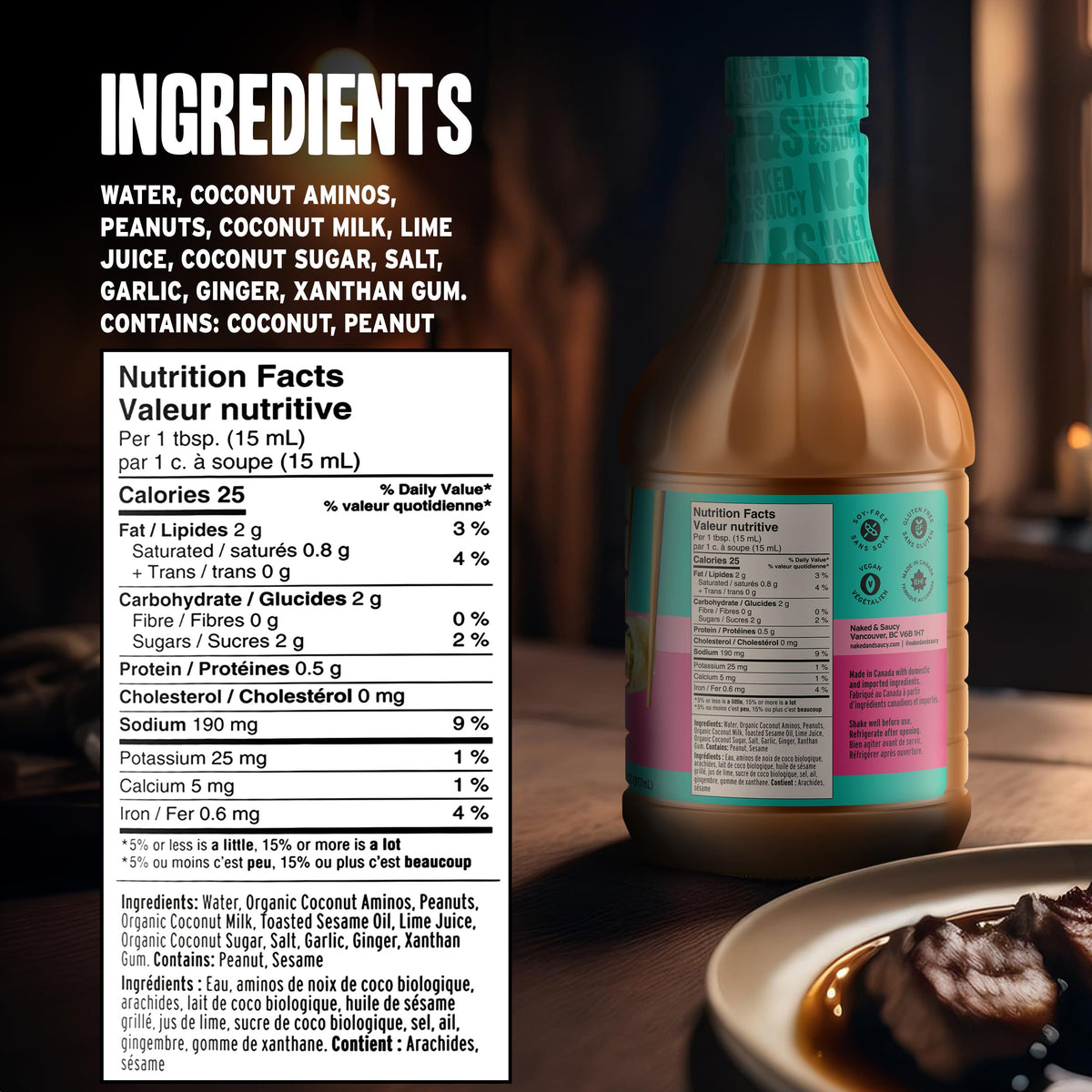 Naked & Saucy peanut sauce drizzle captures gluten-free, vegan convenience.