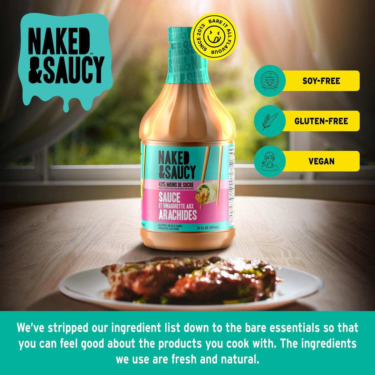 Naked & Saucy peanut sauce jar with creamy consistency for easy dressings.