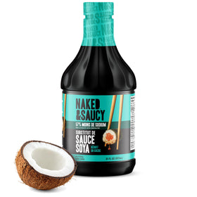 Naked & Saucy reduced sugar coconut aminos bottle boosts savory flavor with less sugar.
