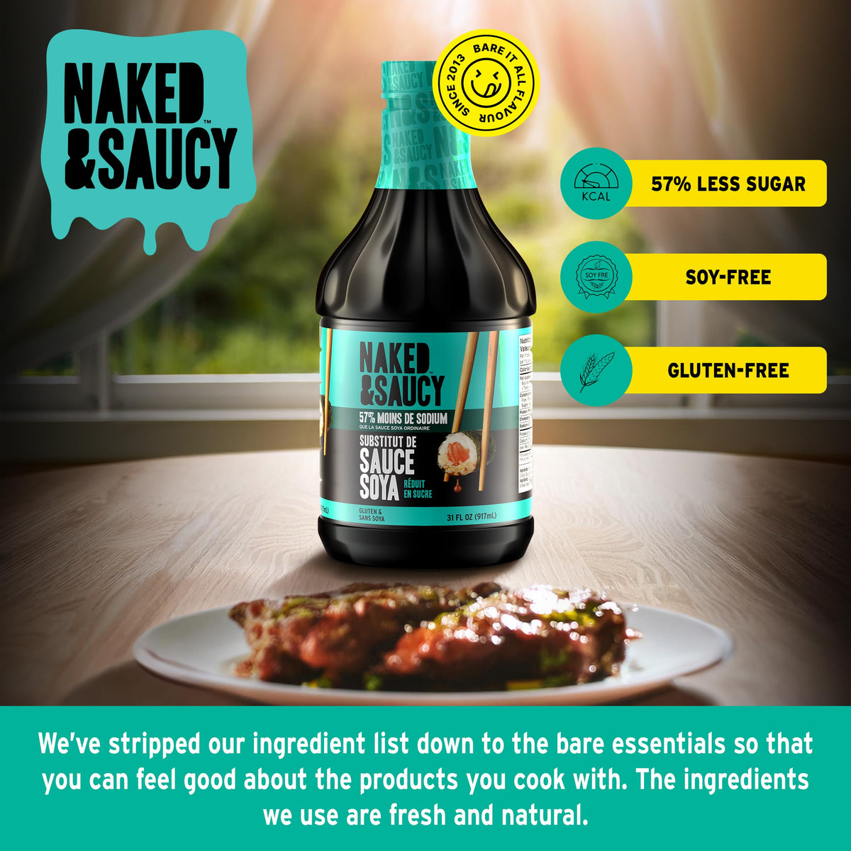 Naked & Saucy ingredients label highlights gluten-free and soy-free options for dietary needs.