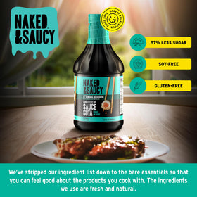 Naked & Saucy ingredients label highlights gluten-free and soy-free options for dietary needs.