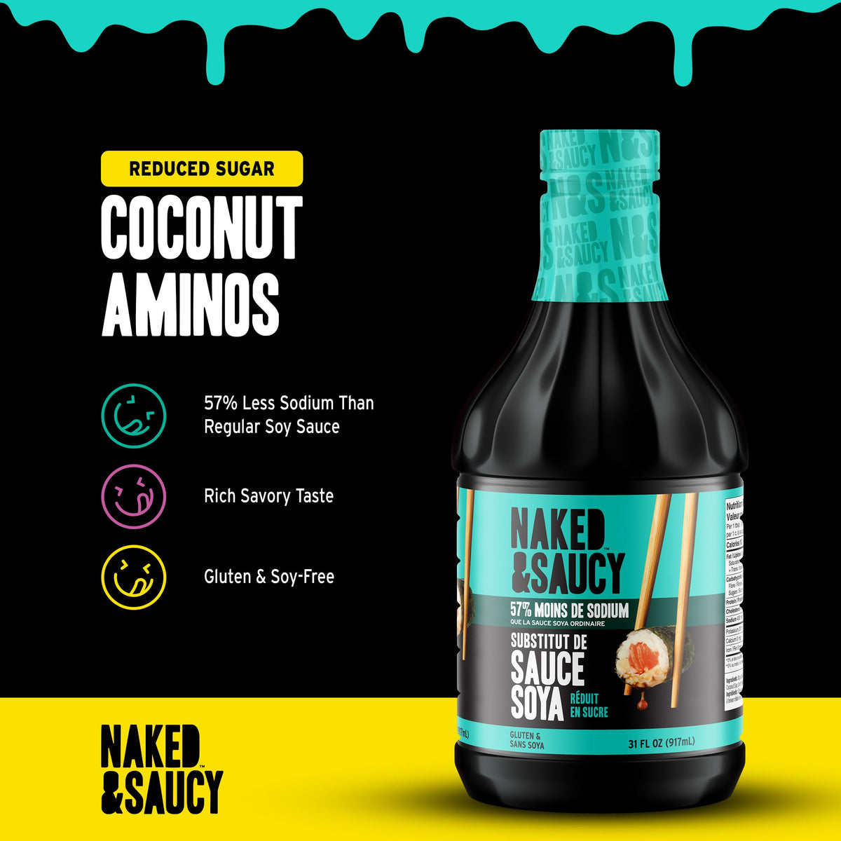 Naked & Saucy reduced sugar coconut aminos being poured for a light umami glaze.