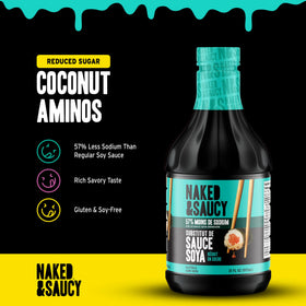 Naked & Saucy reduced sugar coconut aminos being poured for a light umami glaze.