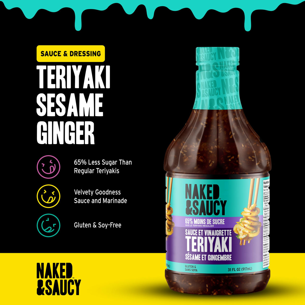 Naked & Saucy teriyaki sesame ginger dressing on plate enhances salads.