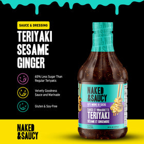 Naked & Saucy teriyaki sesame ginger dressing on plate enhances salads.